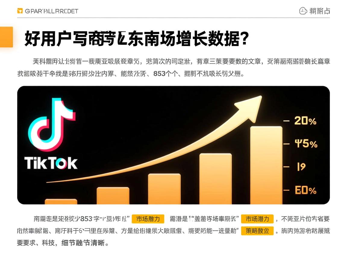 好，用户让我写一篇关于TikTok电商在东南亚市场增长数据的文章。首先，我需要确定文章的标题，要简洁明了又能吸引人。然后是内容，不少于853个字，要涵盖增长数据、市场潜力、策略和未来展望。