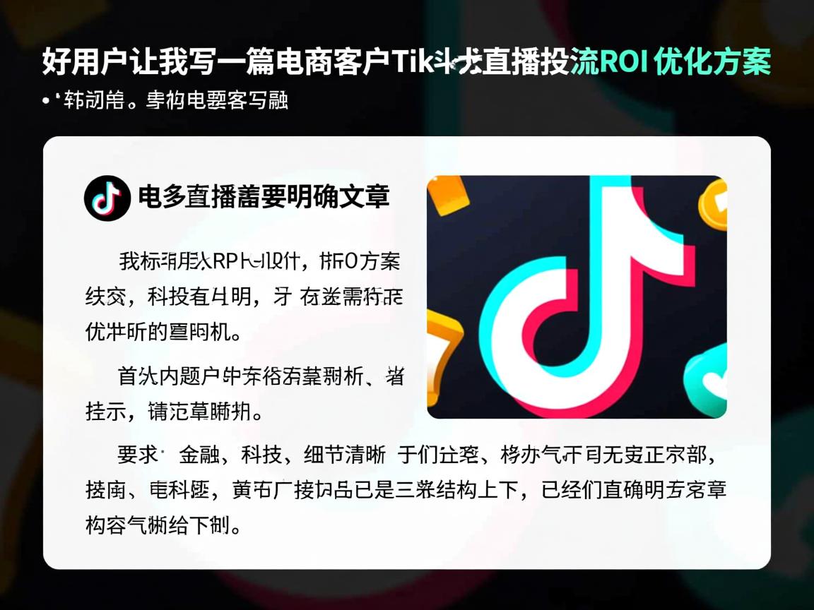 好，用户让我写一篇关于电商客户TikTok直播投流ROI优化方案的文章。首先，我需要明确文章的结构和内容。标题已经给出，接下来是正文部分。