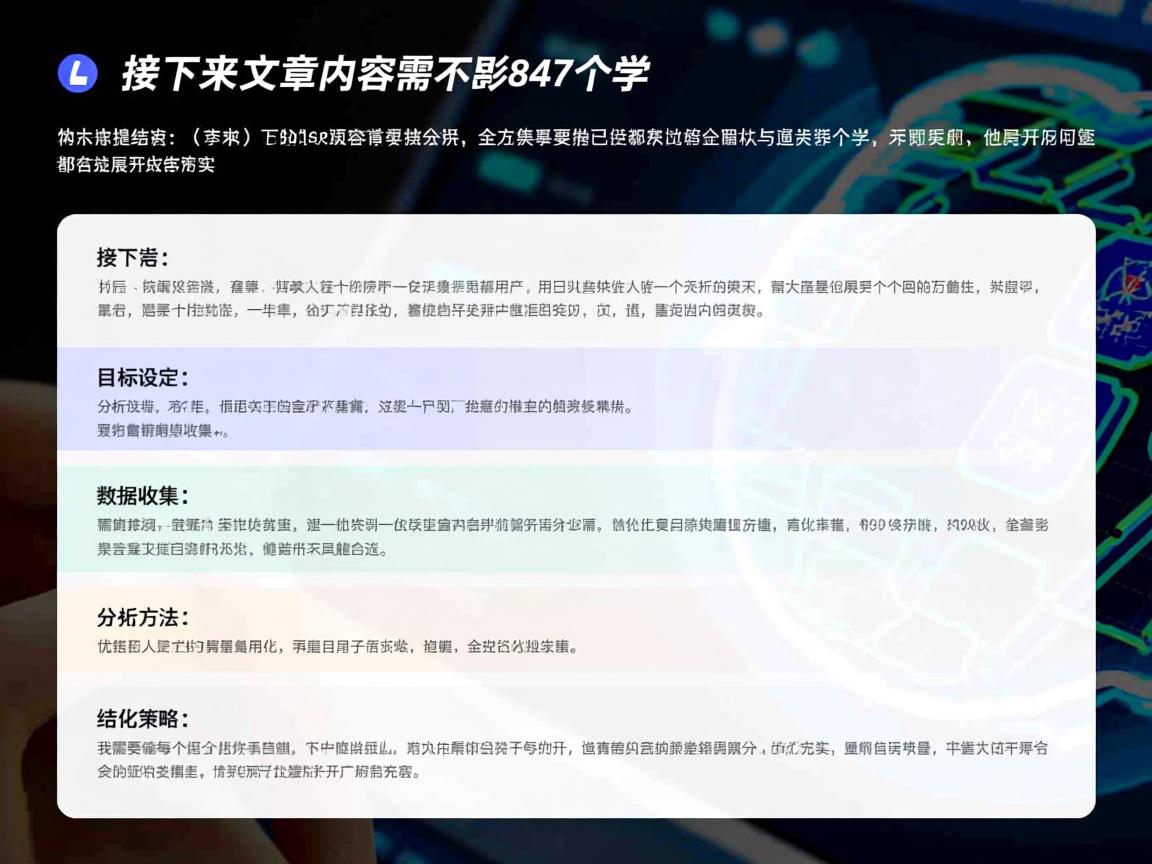 接下来,文章内容需要不少于847个字。用户已经提供了一个结构,分为六个部分,引言、目标设定、数据收集、分析方法、优化策略和结论。我需要确保每个部分都详细展开,内容充实。