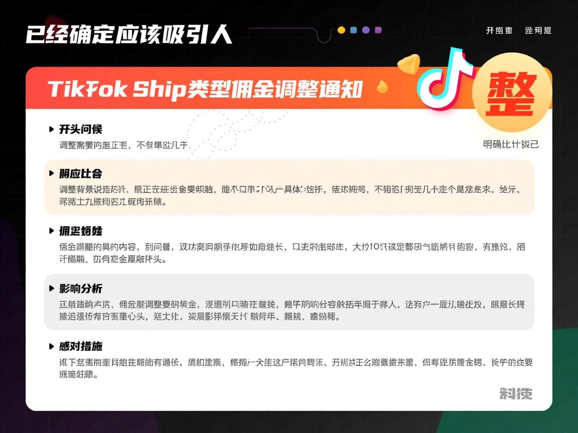 已经确定，应该吸引人且明确，比如TikTok Shop类目佣金调整通知。接下来，正文部分需要包括几个部分，开头问候，调整背景说明，佣金调整的具体内容，影响分析，应对措施，感谢和结尾。