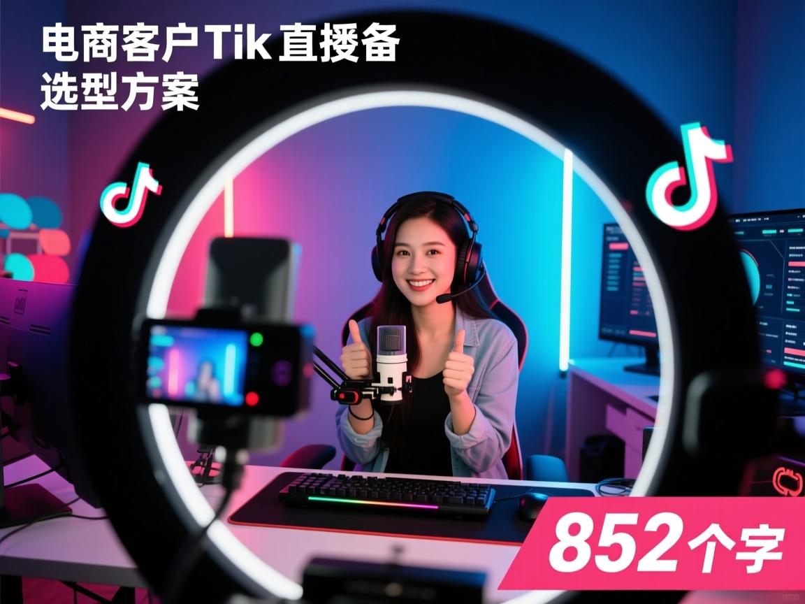 已经给出,是电商客户TikTok直播设备选型方案,所以文章需要围绕这个主题展开。内容方面,用户要求不少于852个字,这意味着文章需要足够详细,涵盖各个方面。
