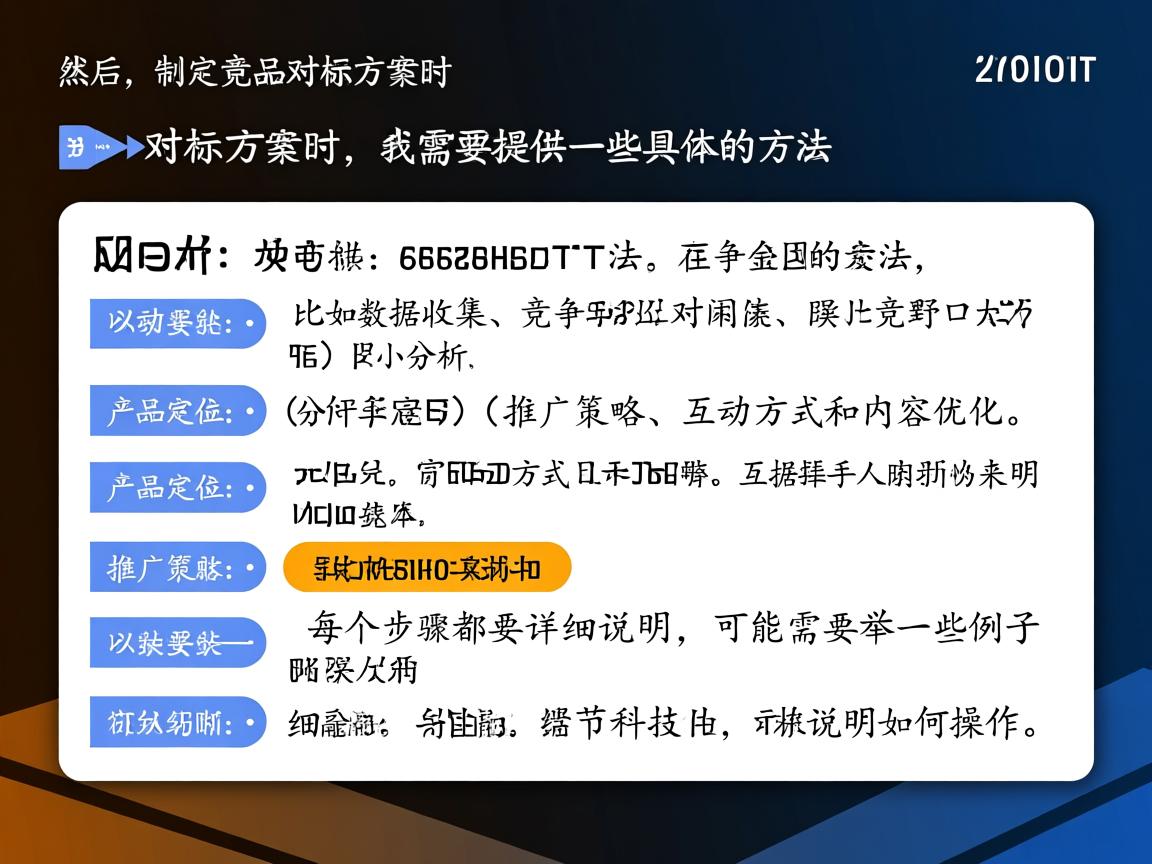 然后，制定竞品对标方案时，我需要提供一些具体的方法，比如数据收集、竞争对手分析、产品定位、推广策略、互动方式和内容优化。每个步骤都要详细说明，可能需要举一些例子来说明如何操作。